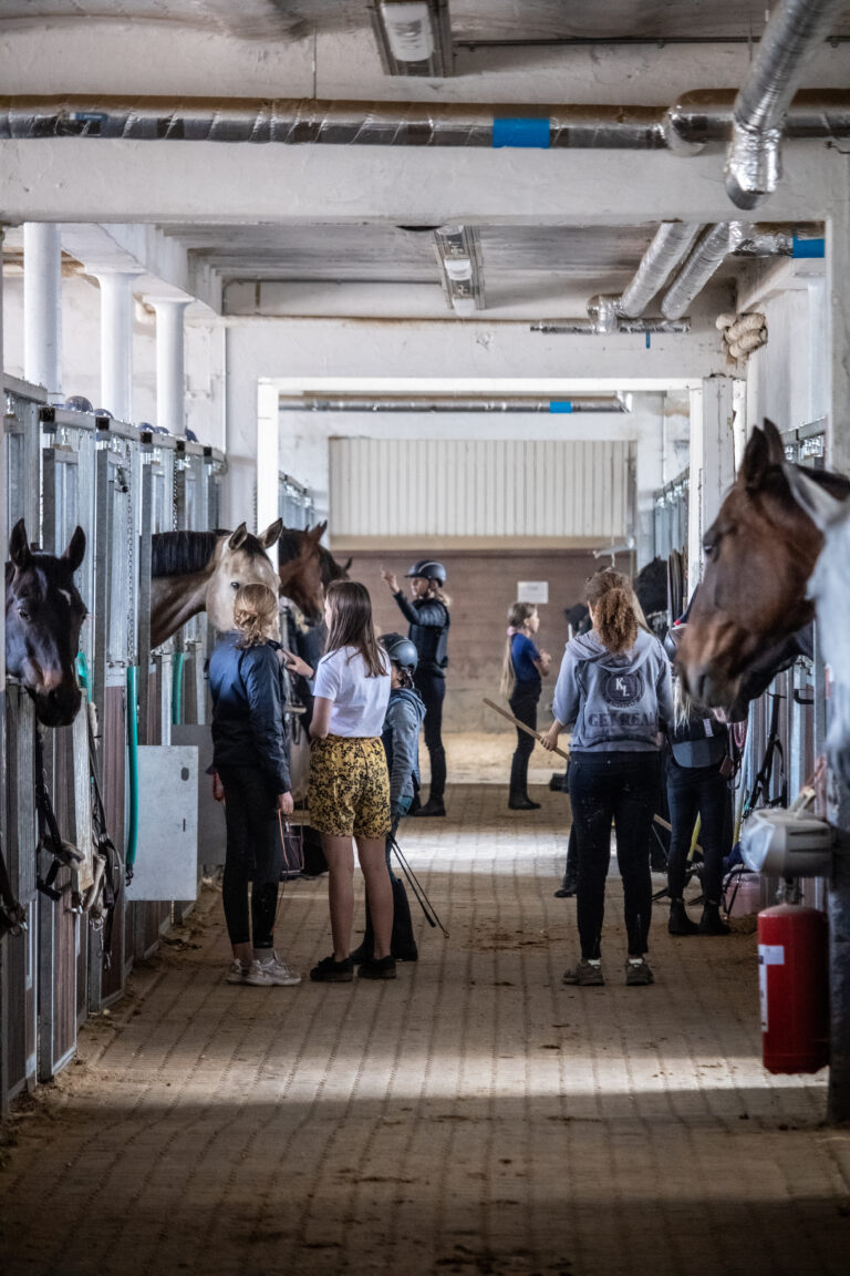 Rytter og hest i stalden på GEK